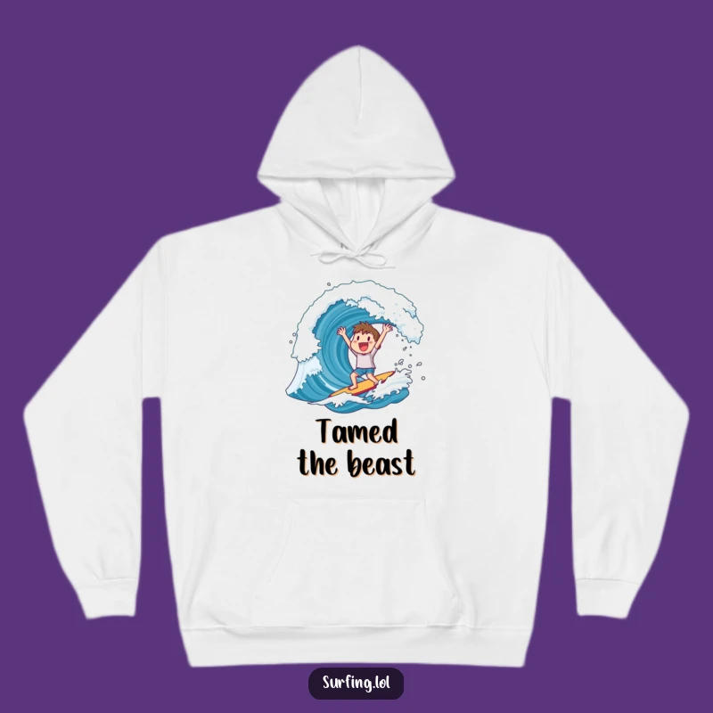 Cozy Funny Hoodie: Surfer's Huge Wave Triumph, Warm Celebration, Gift Idea