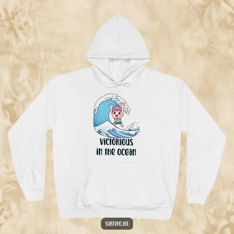 Funny Hoodie: A happy character stands tall and triumphant while masterfully riding a gigantic, successful wave.