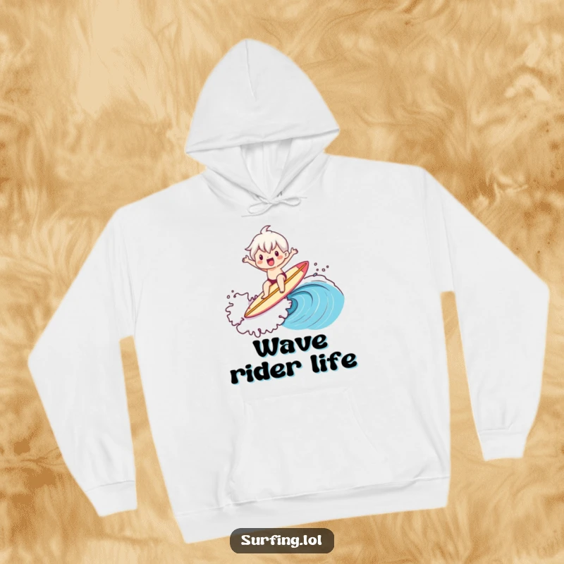 Funny hoodie with a cute character confidently riding a large wave, skillfully balancing a surfboard with immense joy.