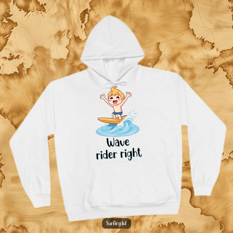 Funny hoodie depicting a character joyfully popping out of the water on a surfboard, celebrating the thrill of the ride.