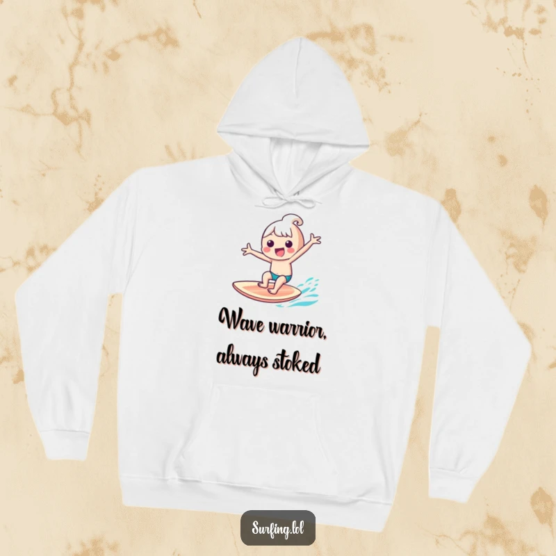 Funny kawaii character gleefully riding a surfboard with arms outstretched, a joyful surfer illustration, ideal funny gift hoodie.