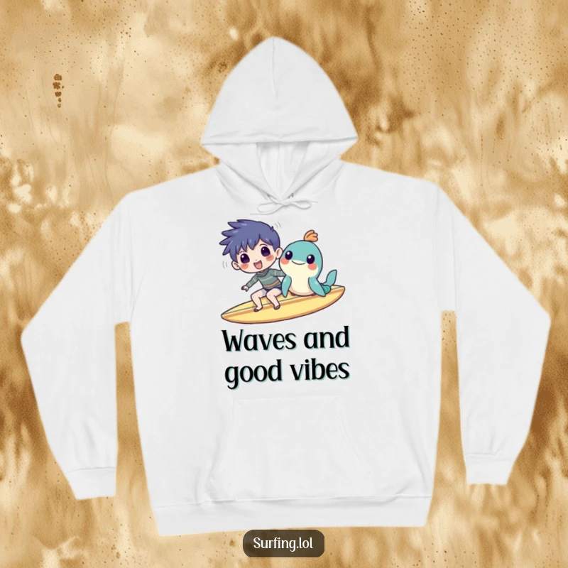 Funny hoodie showing a smiling character and sea creature sharing a surfboard, radiating warmth and comedic friendship.