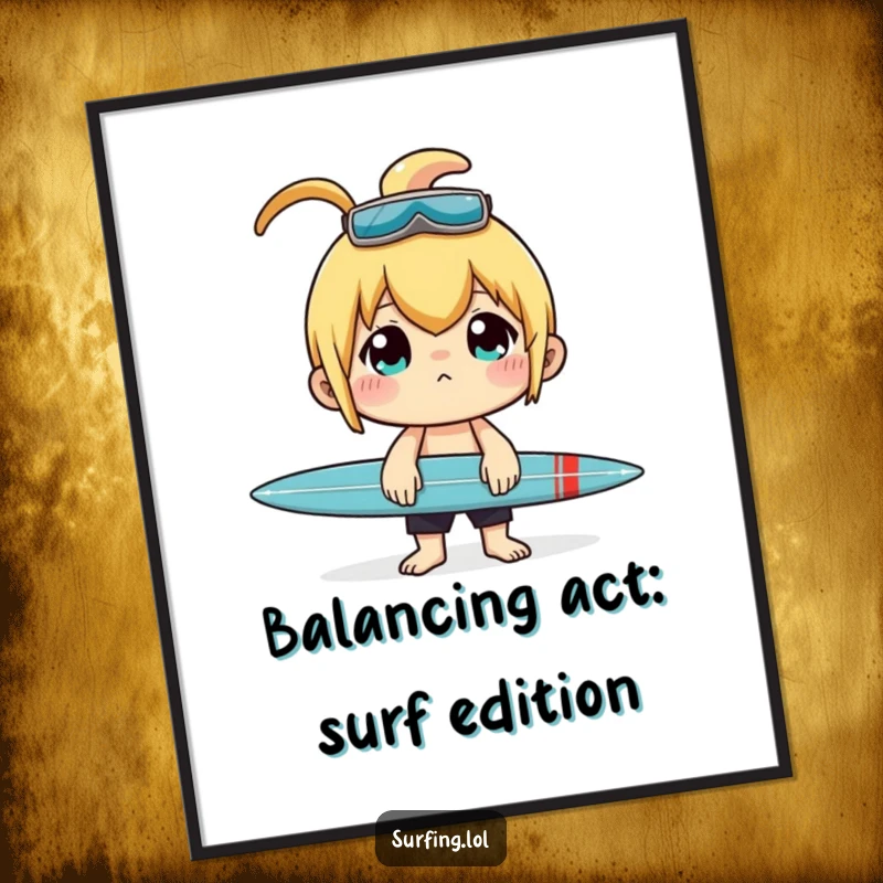 Funny Free Printable Wall Art: A determined character balances a surfboard on their nose, showcasing intense concentration.