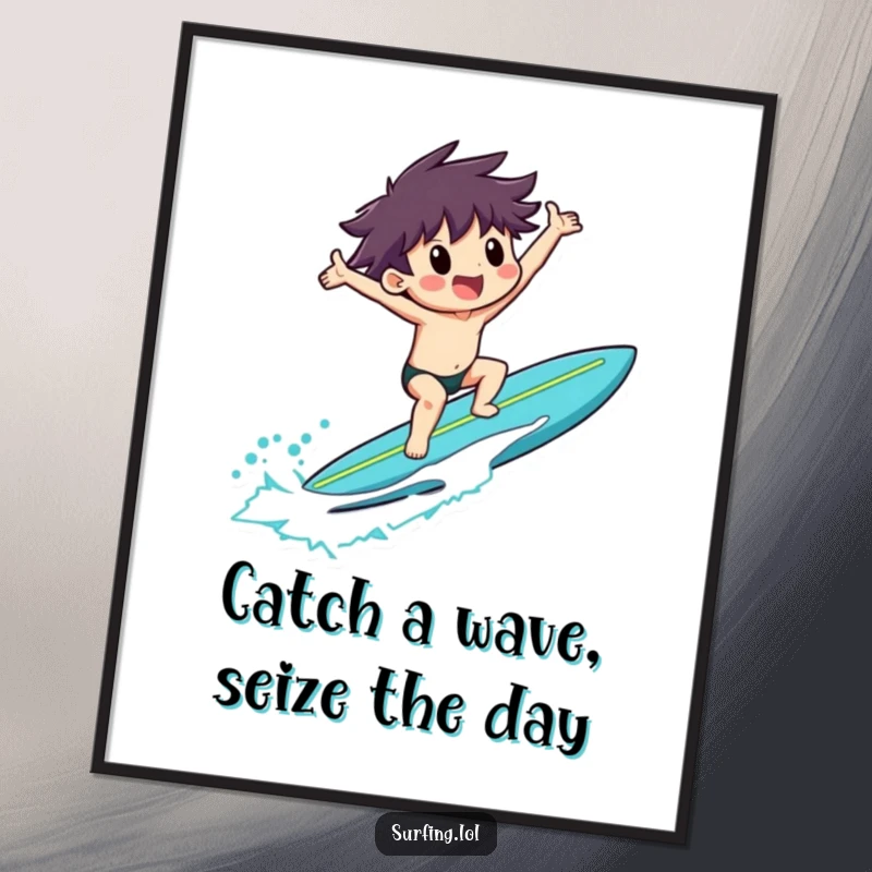 Funny Free Printable Wall Art: Character riding a surfboard with arms outstretched in ultimate exultation, capturing beach bliss.