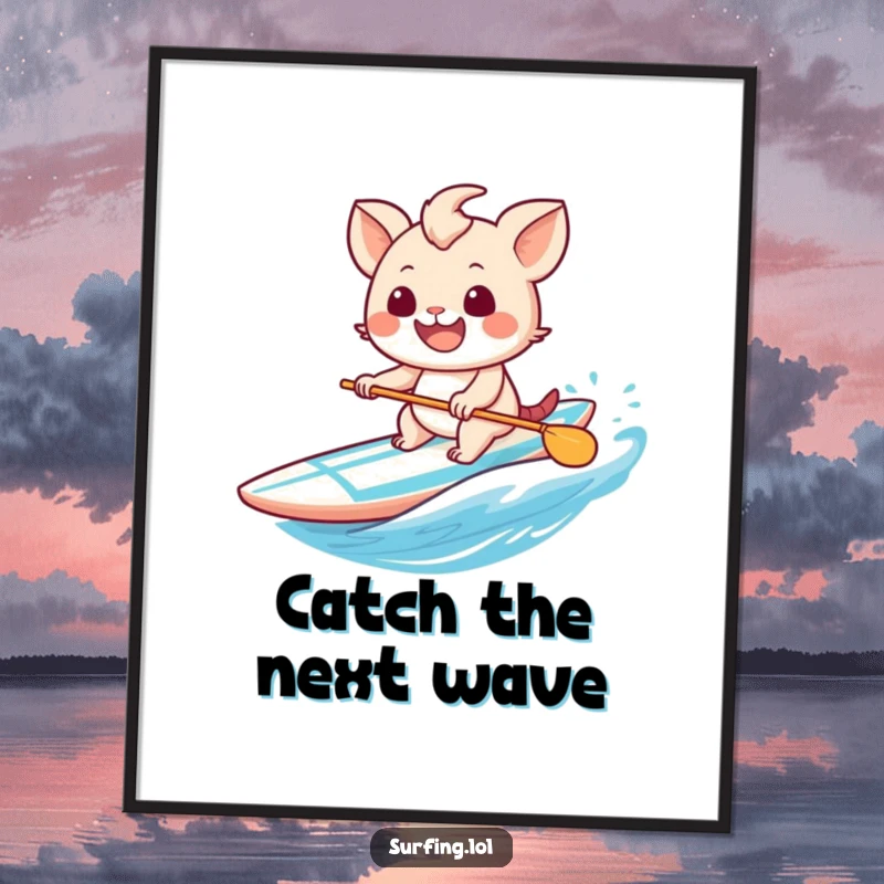Funny Free Printable Wall Art of a sweet creature joyfully surfing with an enormous grin, showcasing a carefree and humorous beachy scene.