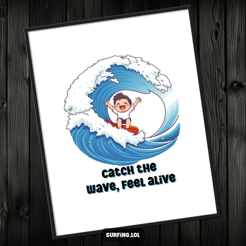Funny Free Printable Wall Art: A gleeful character joyfully riding a massive wave, arms outstretched, perfect for coastal decor.
