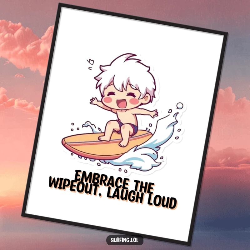 Funny Free Printable Wall Art: A character hilariously wiping out on a surfboard, a smile on their face mid-fall.