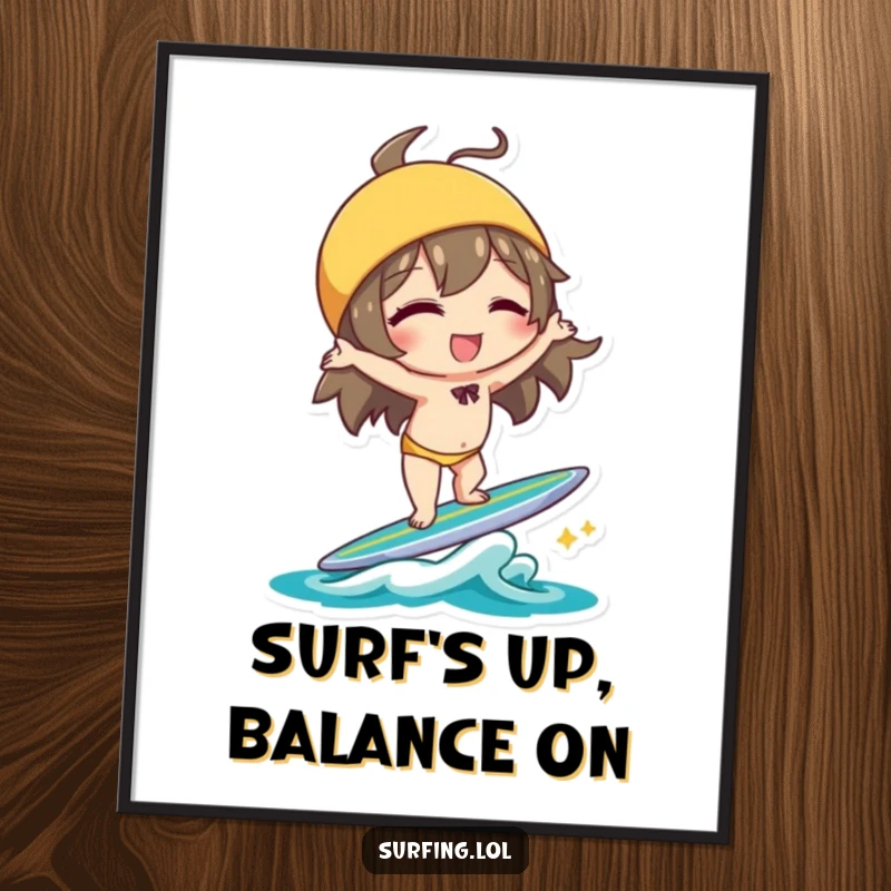 Funny free printable wall art of a character winking while performing a daring handstand on a surfboard with remarkable, playful balance.