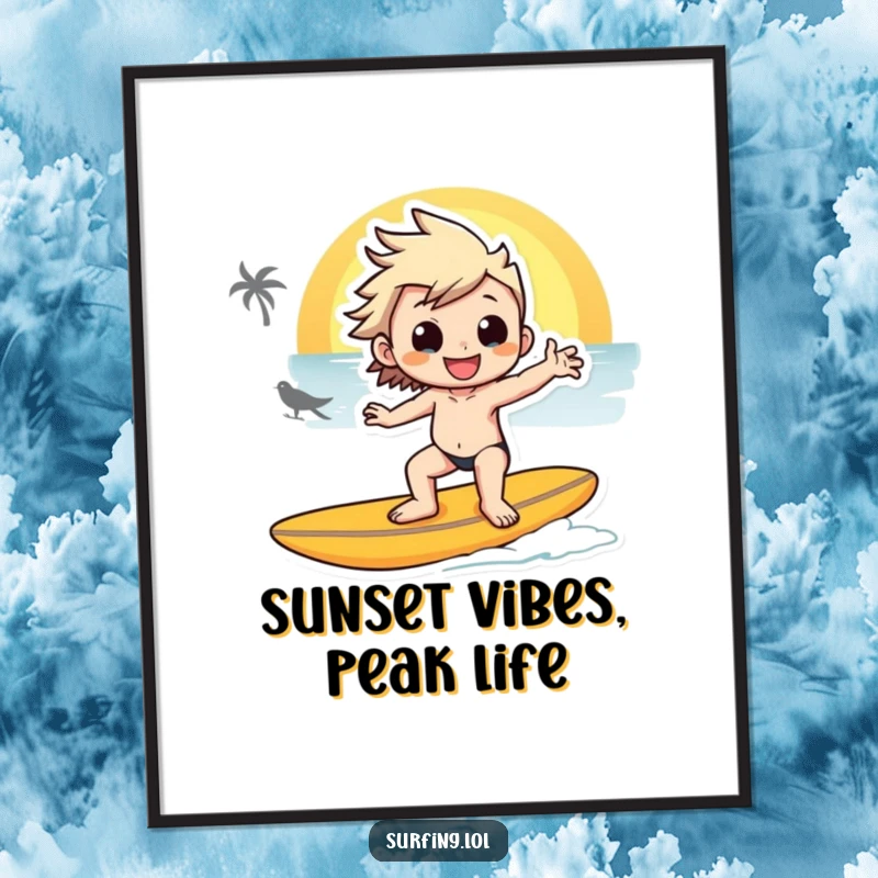 Funny Free Printable Wall Art: Smiling surfer strikes a cool pose on a surfboard at sunset, adding cool vibes.