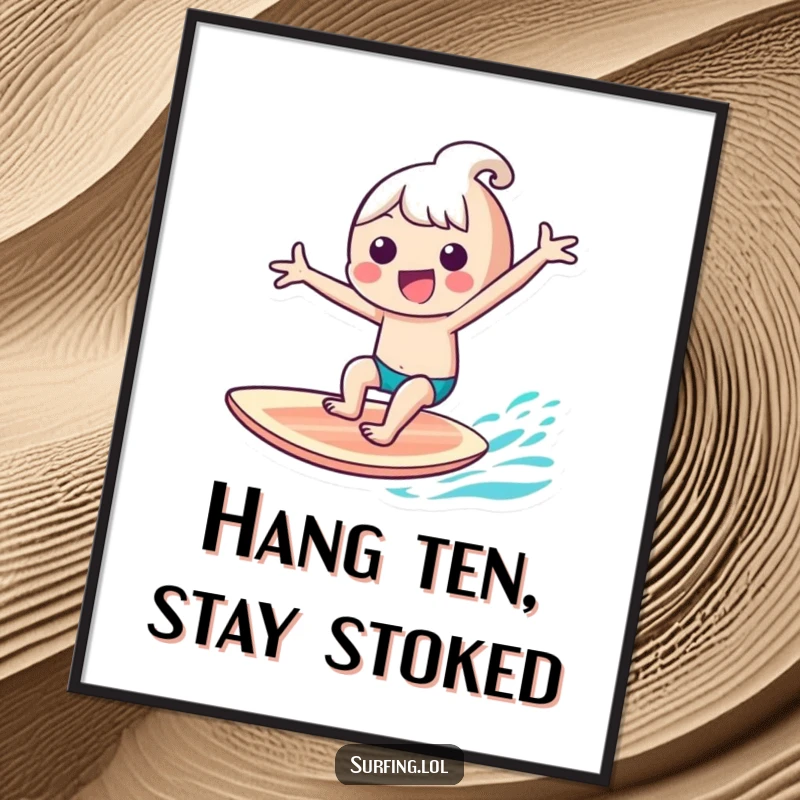 Funny Free Printable Wall Art: Kawaii character joyfully surfs a wave with arms outstretched, capturing pure beach bliss.