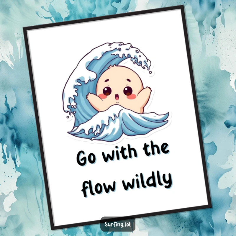 Funny Free Printable Wall Art: A chubby character with a surprised face being tossed by a playful wave, perfect for whimsical decor.
