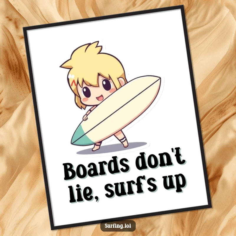 Funny Free Printable Wall Art: Cute character holds surfboard like a shield, poised for action, a whimsical guardian.