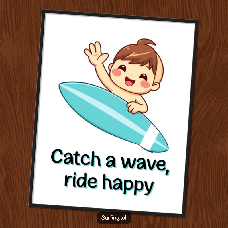 Funny Free Printable Wall Art: A cute character on a surfboard waves with a big smile, embodying pure beachy joy.