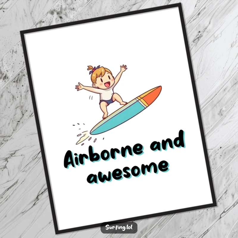 Funny Free Printable Wall Art: a small character performing an energetic jump on a surfboard, suspended in mid-air.