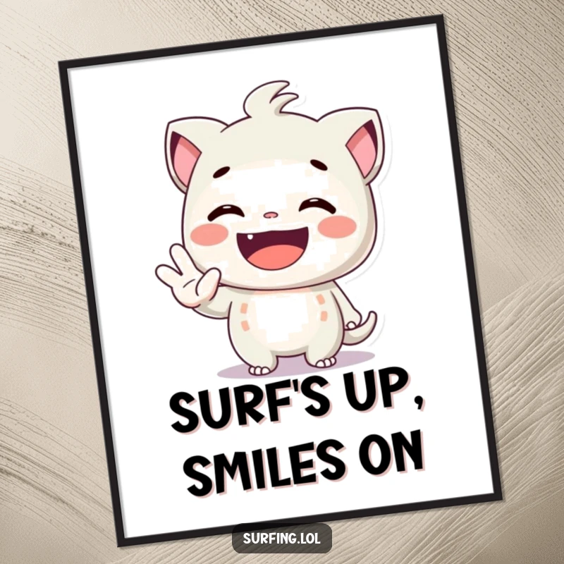 Funny free printable wall art: a character with a giant grin throws a shaka sign, embodying pure positive energy.