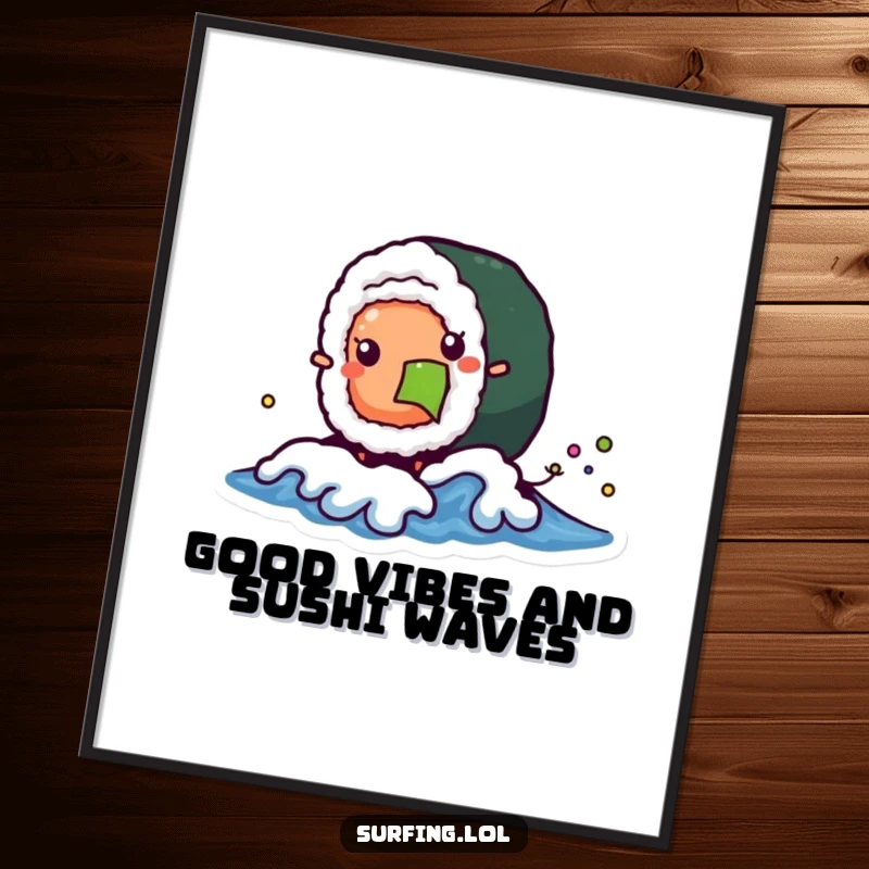 Funny Free Printable Wall Art: A wobbly sushi roll character playfully catches a tiny wave, adding seaside humor to your decor.