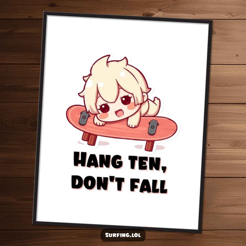 Funny Free Printable Wall Art: A character with a surprised yet gleeful expression nearly falls off a surfboard, embodying joyful chaos.