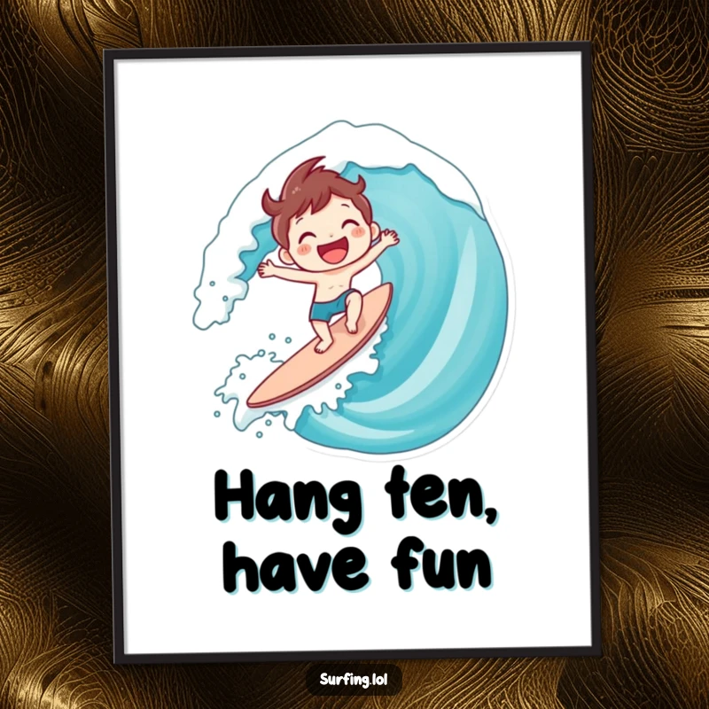 Funny free printable wall art depicting a character gleefully conquering a massive wave with a huge smile, embodying surfing excitement.