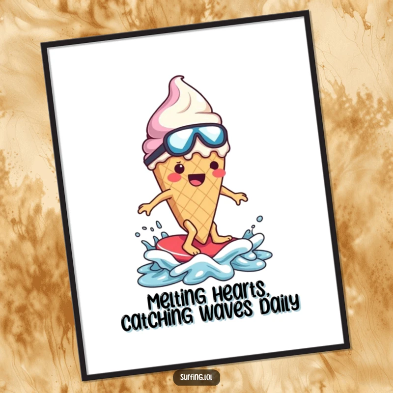 Funny Free Printable Wall Art: Clumsy ice cream cone melting dramatically while falling off a surfboard. Beach fails.