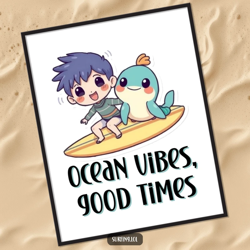 Funny Free Printable Wall Art: A cheerful character and sea creature sharing a surfboard, radiating positive vibes and coastal humor.