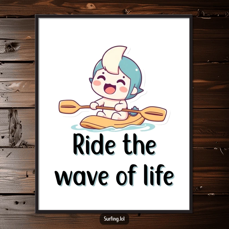 Funny Free Printable Wall Art: Determined character excitedly paddling a boat, ready for an epic journey. Humorous downloadable home decor.