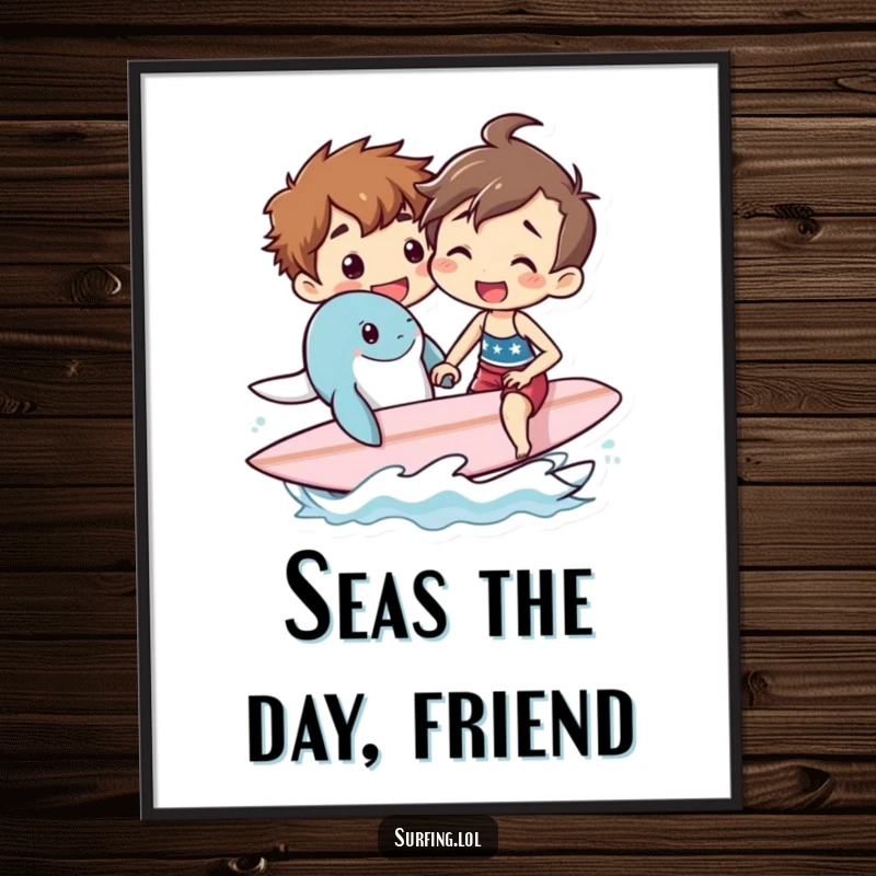 Funny Free Printable Wall Art: A surfer and a friendly sea creature share a surf lesson, a whimsical scene for any wall.