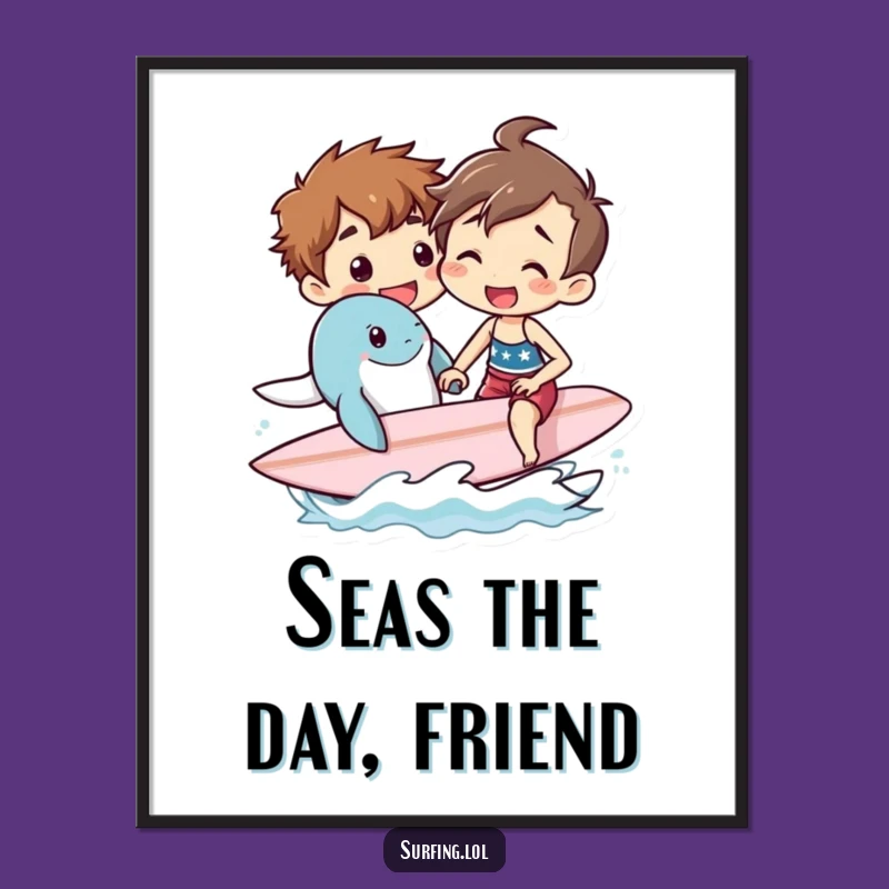 Free Printable Wall Art: Surfer & Sea Pal, Humorous Downloadable Art of Unlikely Friends on Waves