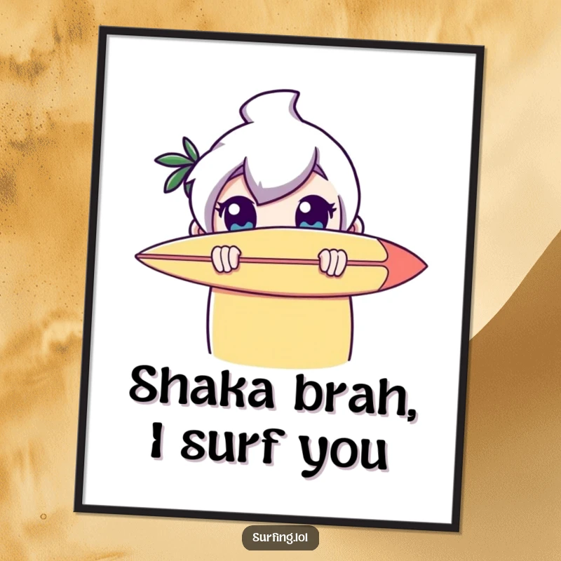 Funny free printable wall art: a character plays peek-a-boo from behind a surfboard, eyes wide with mischievous glee.