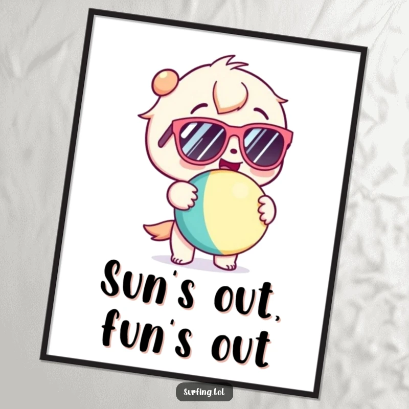 Funny Free Printable Wall Art depicting a kawaii character in sunglasses holding a beach ball with pure glee.