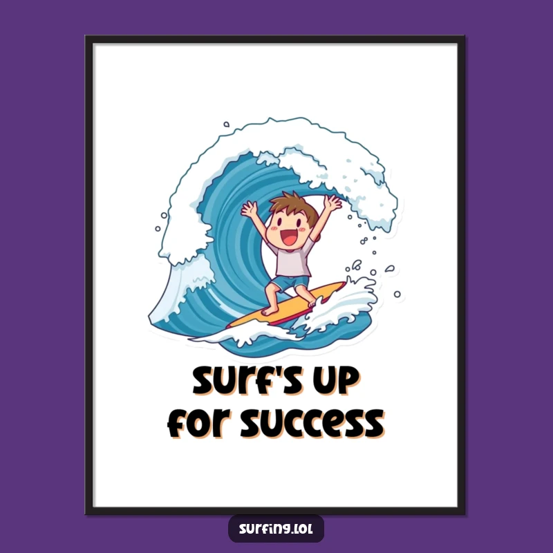 Free Printable Funny Wall Art: Cheering Surfer, Huge Wave Downloadable Decor