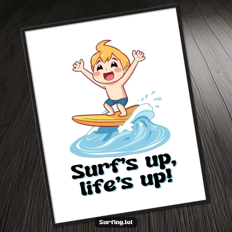 Funny Free Printable Wall Art: Character erupting from the water on a surfboard with a huge joyful shout, celebrating life, downloadable decor.