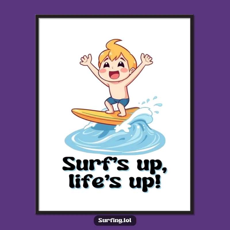 Free Printable Wall Art: Surfing Character, Joyful Shout, Funny Downloadable Decor