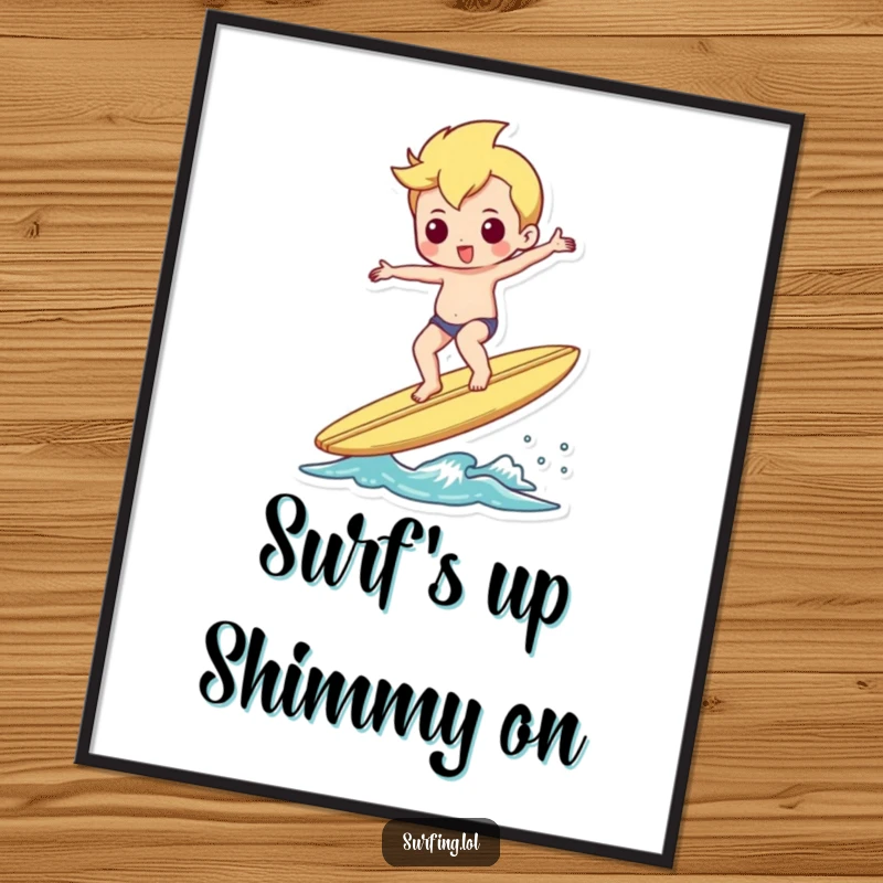 Funny Free Printable Wall Art: Character perfectly balancing on a surfboard, doing a small shimmy, capturing effortless cool.
