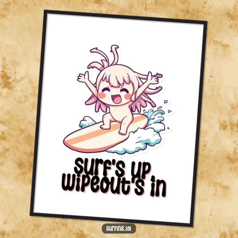 Funny free printable wall art of a kawaii character hilariously wiped out on a surfboard, arms flailing joyfully in the water.