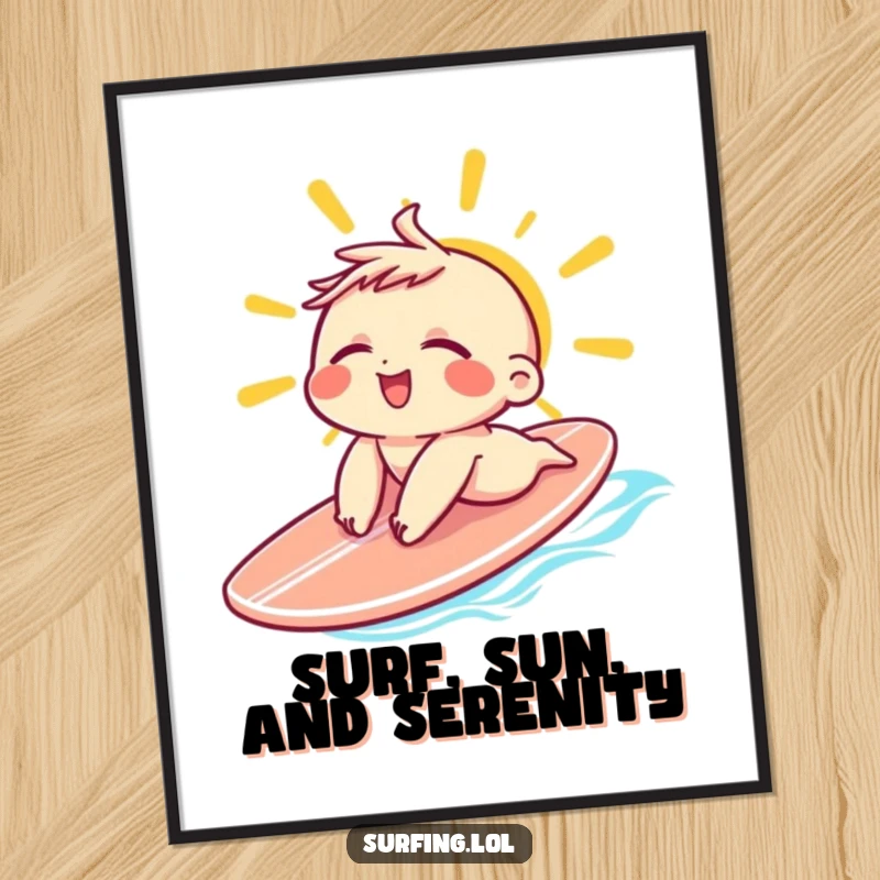 Funny free printable wall art of a small character blissfully sunbathing on a surfboard, eyes closed in pure relaxation and a contented grin.