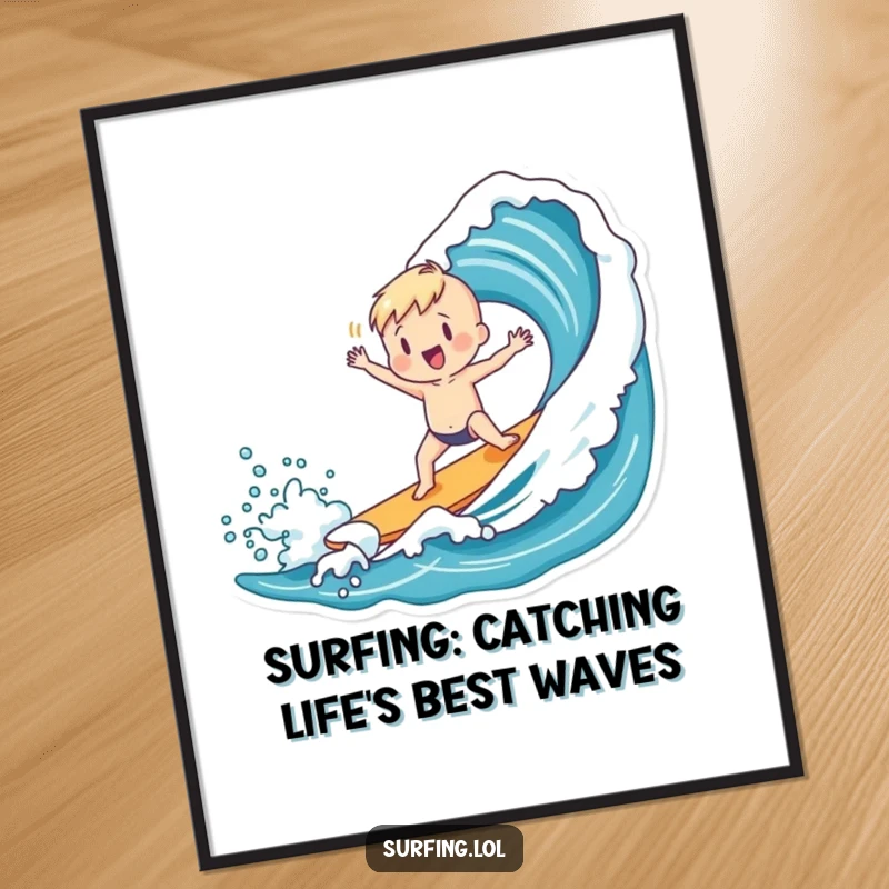 Funny Free Printable Wall Art: Charming figure celebrating catching a wave with a playful dance, cool downloadable art.