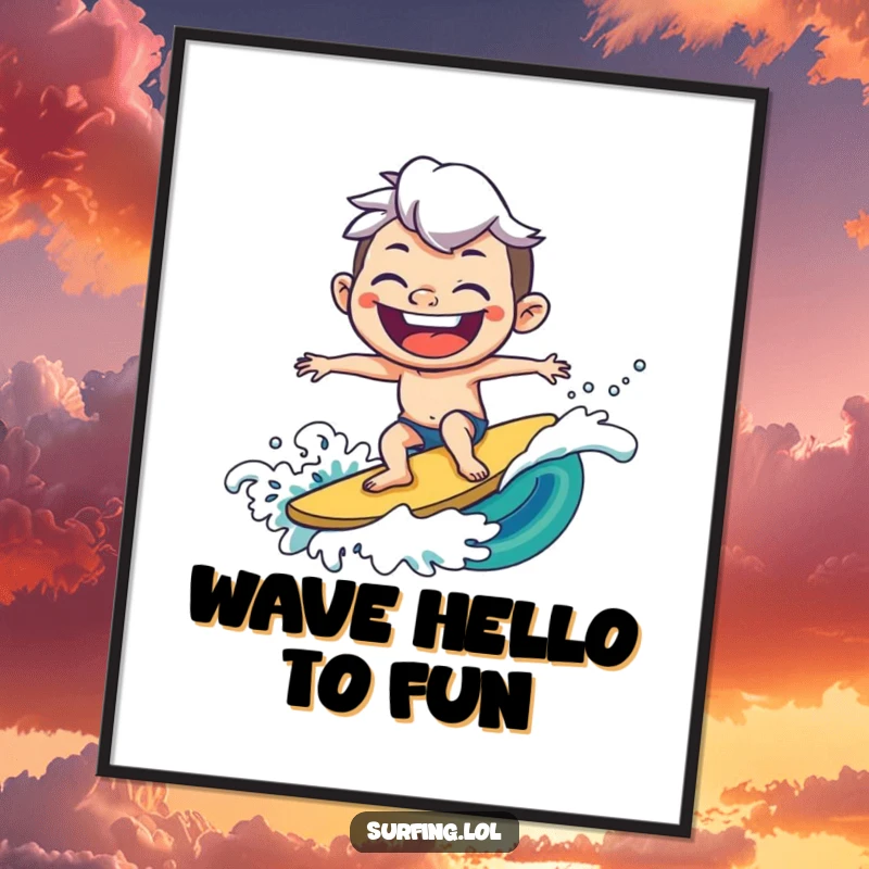 Funny Free Printable Wall Art: Joyful character surfs a wave with a goofy, exaggerated grin, bringing cheer.