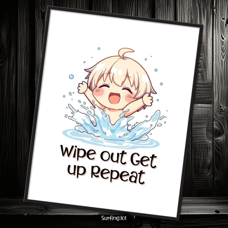 Funny Free Printable Wall Art: Character gleefully wiping out on a surfboard, water splashing wildly, capturing hilarious aquatic chaos.