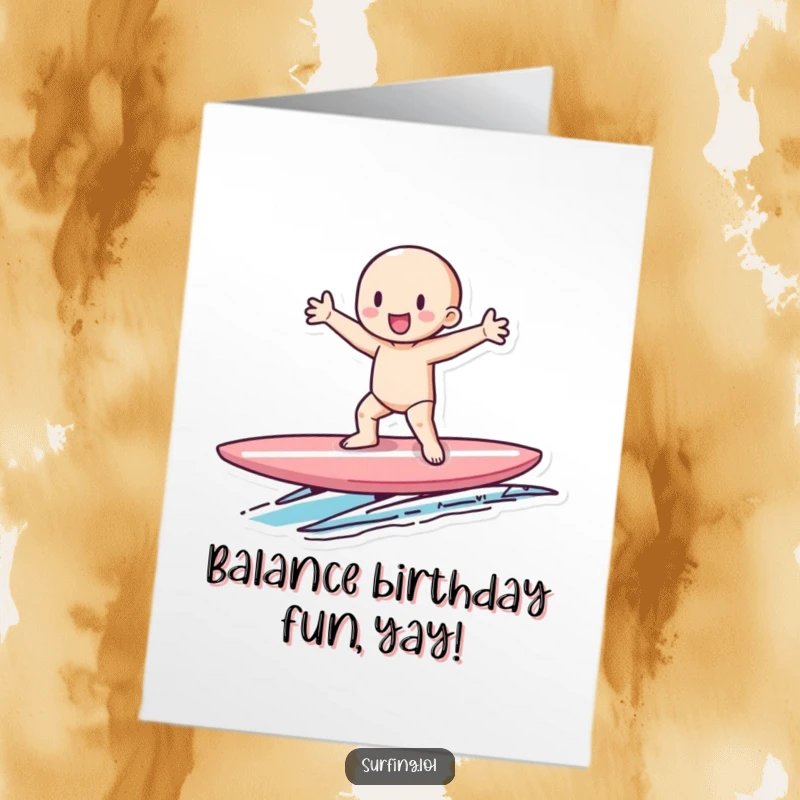 Funny Free Printable Birthday Card: a tiny figure gleefully balancing perfectly on a surfboard with arms wide.