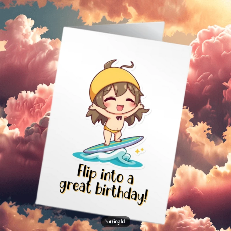 Funny free printable birthday card featuring a character winking while doing a handstand on a surfboard with impressive, playful balance.