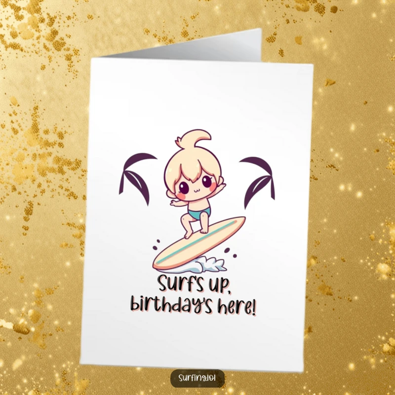 Funny Free Printable Birthday Card: Playful character comically attempts to balance on a surfboard holding another surfboard.