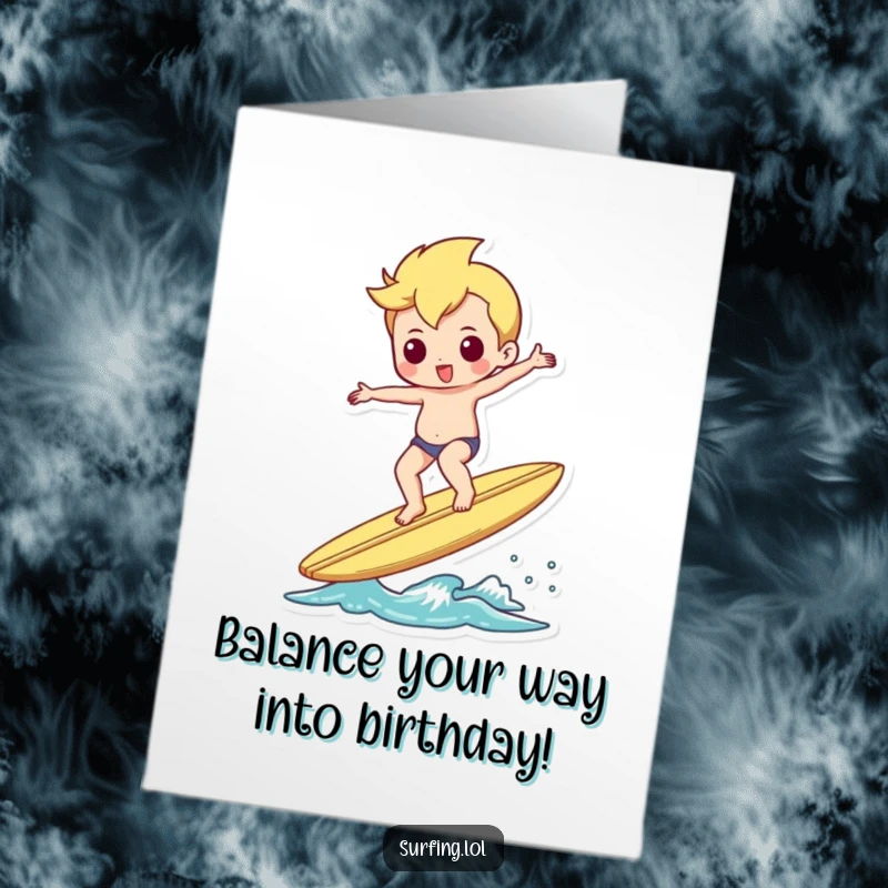 Funny Free Printable Birthday Card: Character perfectly balancing on a surfboard, doing a fun shimmy, celebrating with style.