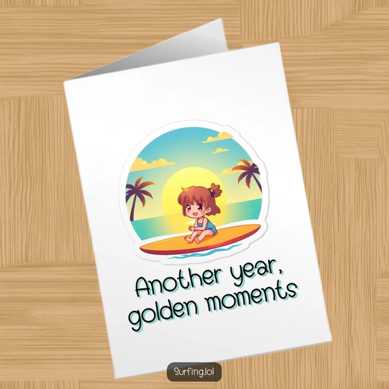 Funny Free Printable Birthday Card: A joyful character sits peacefully on a surfboard, watching a breathtaking sunset over the ocean.