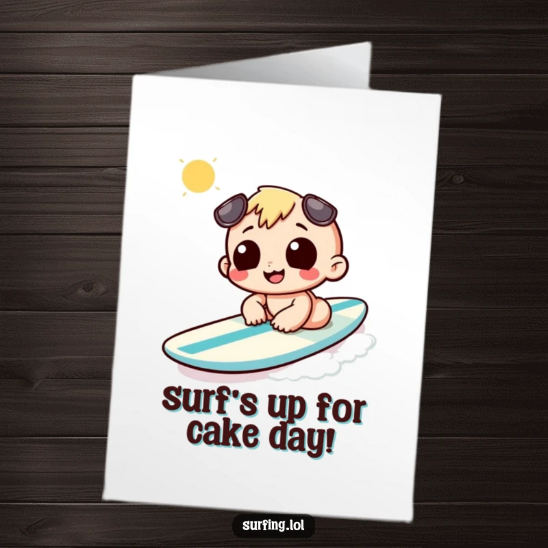 Funny Free Printable Birthday Card: Cute character lounging on a surfboard, grinning while sunbathing, embodying pure relaxation.
