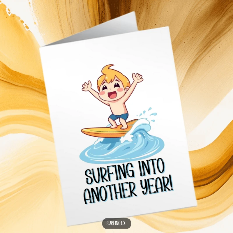 Funny Free Printable Birthday Card: Character joyfully erupting from a surfboard with a happy shout, celebrating a birthday, downloadable gift.