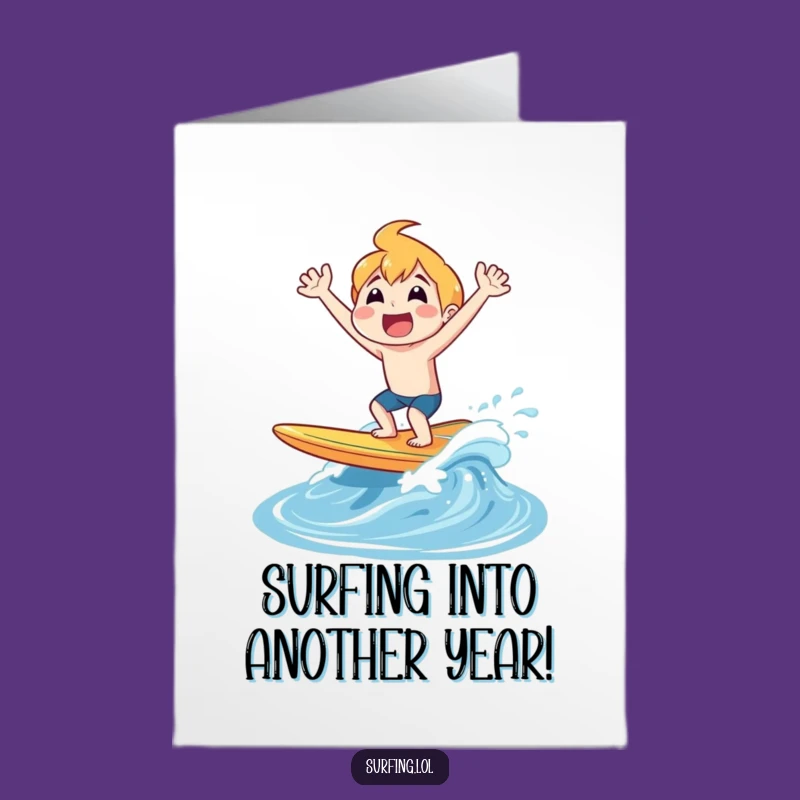 Free Printable Birthday Card: Surfing Character, Joyful Shout, Fun Downloadable Gift