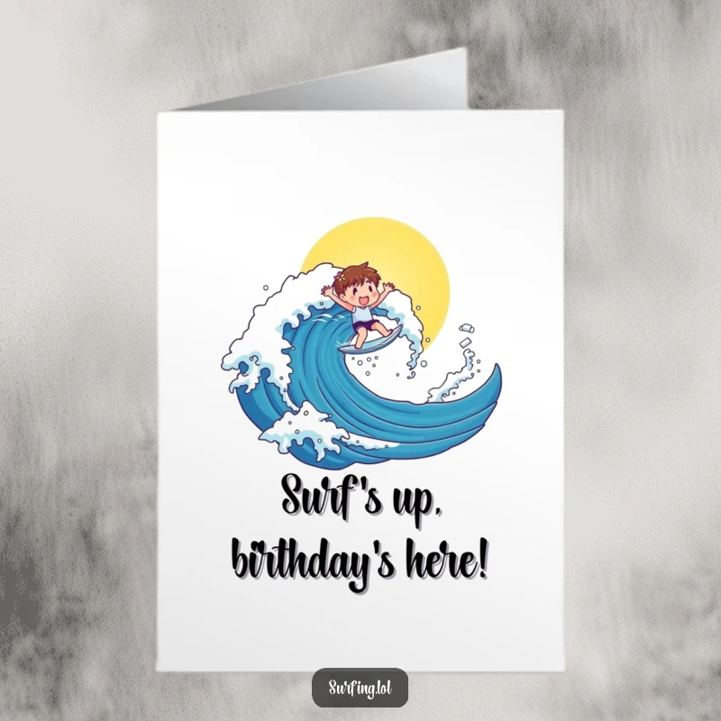 Funny Free Printable Birthday Card: a cute character joyfully riding a massive, sunlit wave on a surfboard.