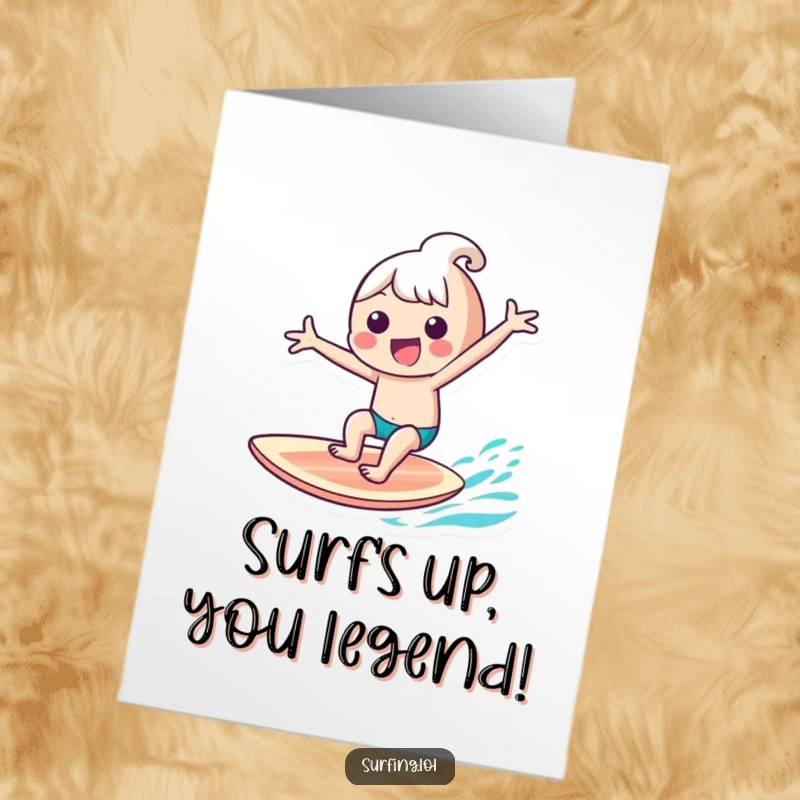 Funny Free Printable Birthday Card: Kawaii character rides surfboard with arms out, pure joy, perfect for a sunny celebration.