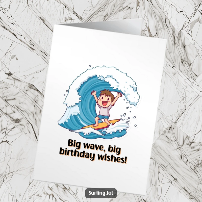 Funny Free Printable Birthday Card: Exuberant surfer cheering wildly after riding a massive ocean wave to victory.