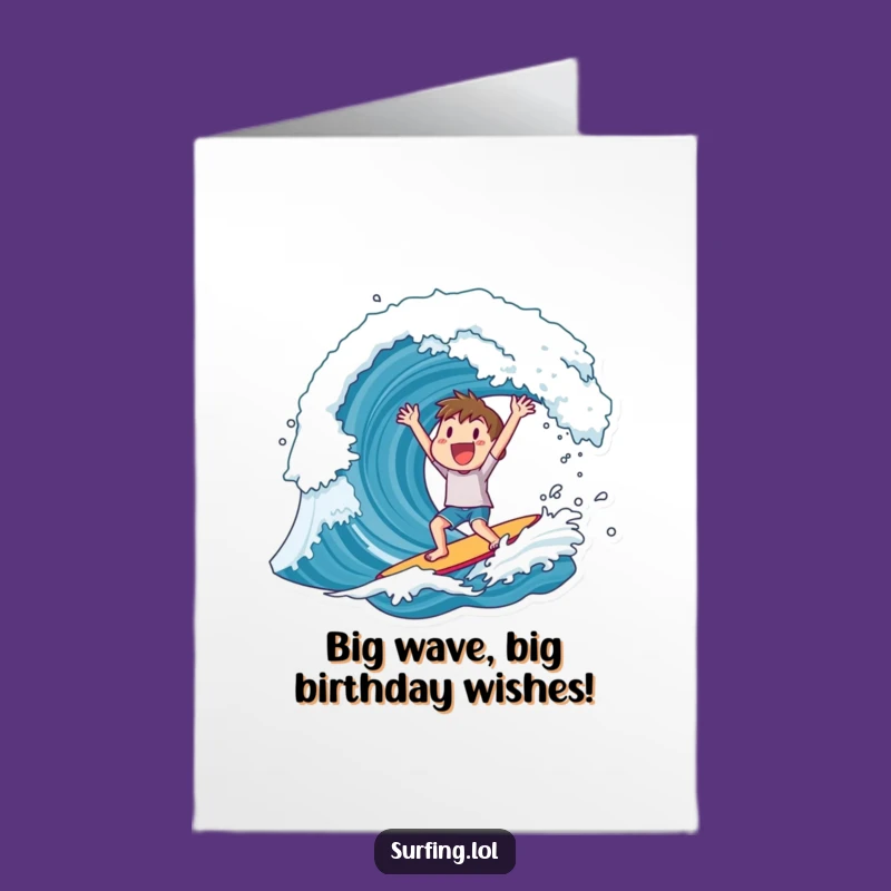 Free Printable Birthday Card: Wild Cheering Surfer, Huge Wave Downloadable Gift